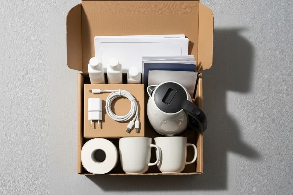 A moving day essentials box containing toiletries, chargers, mugs, kettle, and toilet roll