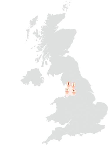 UK map highlighting arteas of manchester and the West Midlands with man and van services